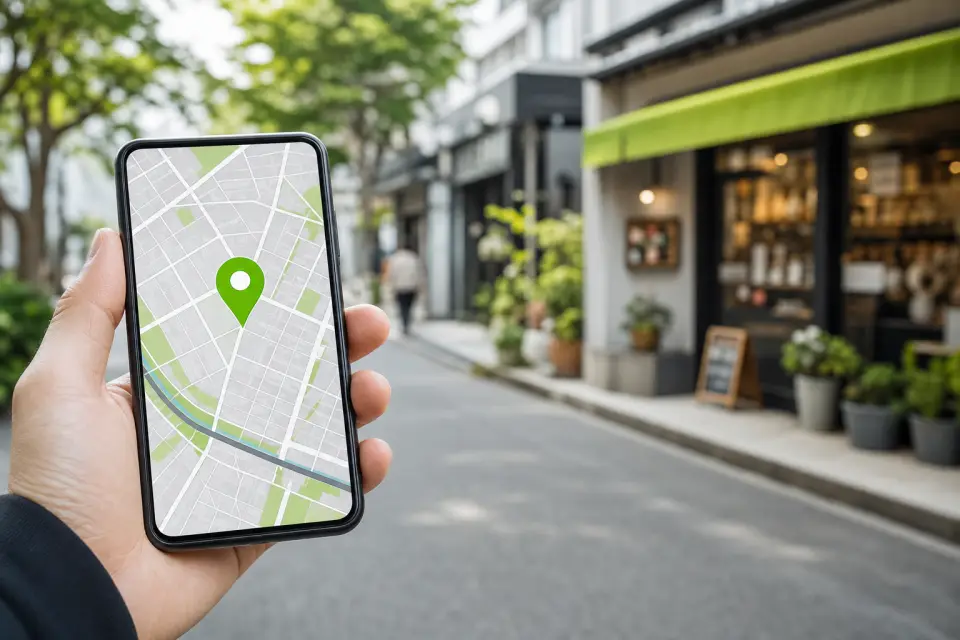 スマートフォンで地図上のお店を確認するイメージ